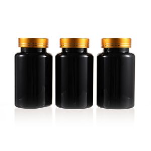 225cc Black PET Plastic Packer Bottle (F3021P0225) with Electroplated Gold Plastic Cap (Hot Stamped Double Lines on the Side)