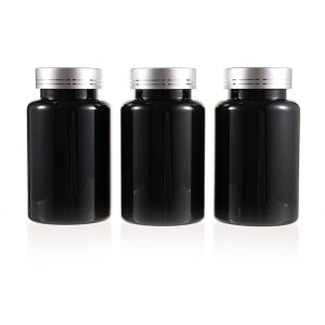 225cc Black PET Plastic Packer Bottle (F3021P0225) with Electroplated Silver Plastic Cap (Hot Stamped Double Lines on the Side)