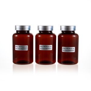 275cc Amber PET Plastic Packer Bottle (F1001P0275) with Electroplated Silver Plastic Cap (Hot Stamped Double Lines on the Side)