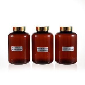 500cc Amber PET Plastic Packer Bottle (F1003P0500) with Electroplated Gold Plastic Cap