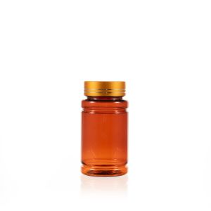 100cc Amber PET Plastic Packer Bottle (F2024P0100) with Electroplated Gold Plastic Cap (Hot Stamped Double Lines on the Side)