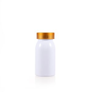 100cc White PET Plastic Packer Bottle (F2035P0100) with Electroplated Gold Plastic Cap (Hot Stamped Double Lines on the Side)