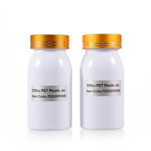 100cc White PET Plastic Packer Bottle (F2035P0100) with Electroplated Gold Plastic Cap (Hot Stamped Double Lines on the Side)