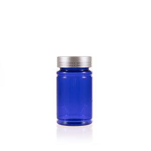 120cc Blue PET Plastic Packer Bottle (F2050P0120) with Electroplated Silver Plastic Cap (Hot Stamped Double Lines on the Side)