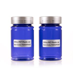 120cc Blue PET Plastic Packer Bottle (F2050P0120) with Electroplated Silver Plastic Cap (Hot Stamped Double Lines on the Side)