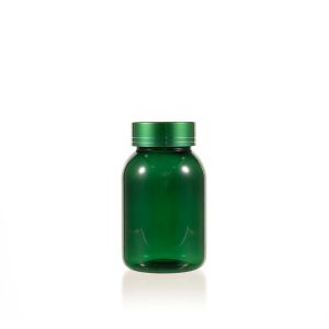 135cc Green PET Plastic Packer Bottle (F2067P0135) with Electroplated Green Plastic Cap (Hot Stamped Double Lines on the Side)