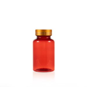 150cc Red PET Plastic Packer Bottle (F2074P0150) with Electroplated Gold Plastic Cap (Hot Stamped Double Lines on the Side)
