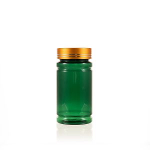 150cc Green PET Plastic Packer Bottle (F2084P0150) with Electroplated Gold Plastic Cap (Hot Stamped Double Lines on the Side)