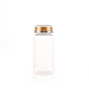 150cc Clear PET Plastic Packer Bottle (F2091P0150) with Gold Transparent Double Shell Cap with Hot-Stamped Silver Lines