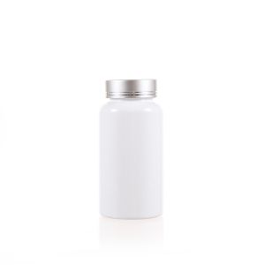 150cc White PET Plastic Packer Bottle (F2091P0150) with Electroplated Silver Plastic Cap (Hot Stamped Double Lines on the Side)
