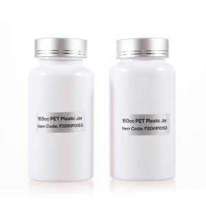 150cc White PET Plastic Packer Bottle (F2091P0150) with Electroplated Silver Plastic Cap (Hot Stamped Double Lines on the Side)