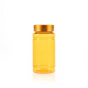 170cc Yellow PET Plastic Packer Bottle (F2109P0170) with Electroplated Gold Plastic Cap (Hot Stamped Double Lines on the Side)