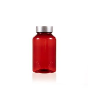 200cc Amber PET Plastic Packer Bottle (F2121P0200) with Electroplated Silver Plastic Cap (Hot Stamped Double Lines on the Side)