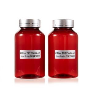 200cc Amber PET Plastic Packer Bottle (F2121P0200) with Electroplated Silver Plastic Cap (Hot Stamped Double Lines on the Side)