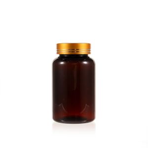 200cc Amber PET Plastic Packer Bottle (F2122P0200) with Electroplated Gold Plastic Cap (Hot Stamped Double Lines on the Side)