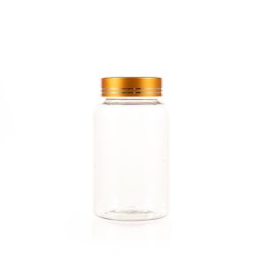 200cc Clear PET Plastic Packer Bottle (F2122P0200) with Electroplated Gold Plastic Cap (Hot Stamped Double Lines on the Side)