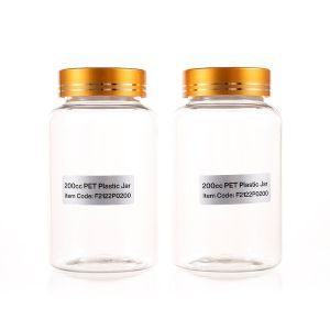 200cc Clear PET Plastic Packer Bottle (F2122P0200) with Electroplated Gold Plastic Cap (Hot Stamped Double Lines on the Side)