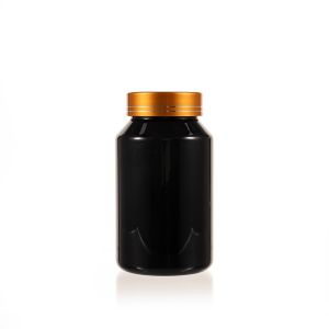 200cc Black PET Plastic Packer Bottle (F2125P0200) with Electroplated Gold Plastic Cap (Hot Stamped Double Lines on the Side)