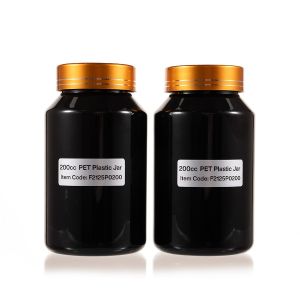 200cc Black PET Plastic Packer Bottle (F2125P0200) with Electroplated Gold Plastic Cap (Hot Stamped Double Lines on the Side)