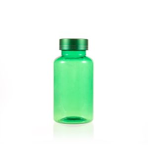200cc Green PET Plastic Packer Bottle (F2128P0200) with Electroplated Green Plastic Cap (Hot Stamped Double Lines on the Side)p