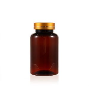 250cc Amber PET Plastic Packer Bottle (F2139P0250) with Electroplated Gold Plastic Cap (Hot Stamped Double Lines on the Side)