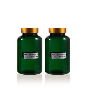 300cc Green PET Plastic Packer Bottle (F2159P03000) with Electroplated Gold Plastic Cap (Hot Stamped Double Lines on the Side)