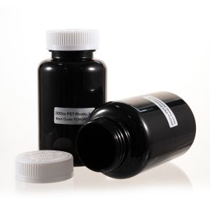 300cc Black PET Plastic Packer Bottle (F2160P0300) with White Child-Resistant Plastic Cap