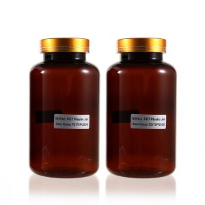 500cc Amber PET Plastic Packer Bottle (F2175P0500) with Electroplated Glod Plastic Cap (Hot Stamped Double Lines on the Side)