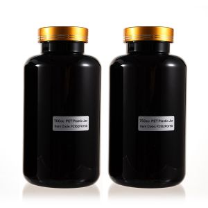 750cc Black PET Plastic Packer Bottle (F2182P0750) with Electroplated Glod Plastic Cap (Hot Stamped Double Lines on the Side)
