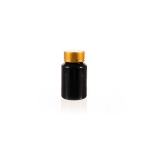 75cc Amber PET Plastic Packer Bottle (F2201P0075) with Electroplated Glod Plastic Cap (Hot Stamped Single Lines on the Side)