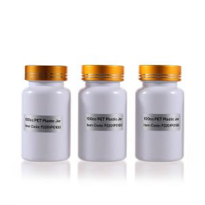 100cc White PET Plastic Packer Bottle (F2201P0100) with Electroplated Glod Plastic Cap (Hot Stamped Double Lines on the Side)