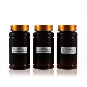 170cc Dark Amber PET Plastic Packer Bottle (F2201P0170) with Electroplated Gold Plastic Cap (Hot Stamped Double Lines on the Side)