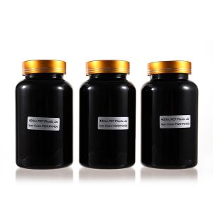 400cc Black PET Plastic Packer Bottle (F2201P0400) with Electroplated Gold Plastic Cap (Hot Stamped Double Lines on the Side)