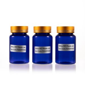 100cc Blue PET Plastic Packer Bottle (F2202P0100) with Electroplated Gold Plastic Cap (Hot Stamped Double Lines on the Side)