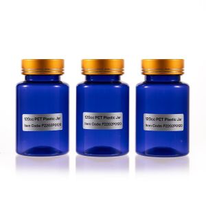120cc Blue PET Plastic Packer Bottle (F2202P0120) with Electroplated Gold Plastic Cap (Hot Stamped Double Lines on the Side)