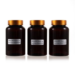 200cc Amber PET Plastic Packer Bottle (F2202P0200) with Electroplated Gold Plastic Cap (Hot Stamped Double Lines on the Side)