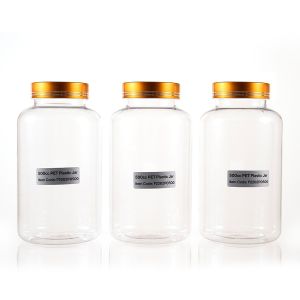 500cc Clear PET Plastic Packer Bottle (F2202P0500) with Electroplated Gold Plastic Cap (Hot Stamped Double Lines on the Side)