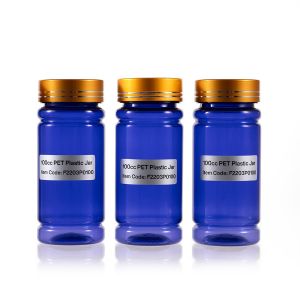100cc Blue PET Plastic Packer Bottle (F2203P0100) with Electroplated Gold Plastic Cap (Hot Stamped Double Lines on the Side)