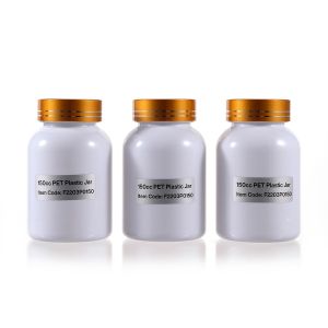 150cc Opaque White PET Plastic Packer Bottle (F2203P0150) with Electroplated Gold Plastic Cap (Hot Stamped Double Lines on the Side)