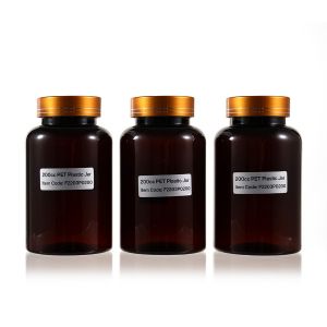 200cc Amber PET Plastic Packer Bottle (F2203P0200) with Electroplated Gold Plastic Cap (Hot Stamped Double Lines on the Side)