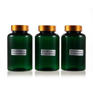 300cc Green PET Plastic Packer Bottle (F2203P0300) with Electroplated Gold Plastic Cap (Hot Stamped Double Lines on the Side)