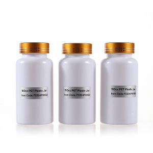 150cc Opaque White PET Plastic Packer Bottle (F2204P0150) with Electroplated Gold Plastic Cap (Hot Stamped Double Lines on the Side)