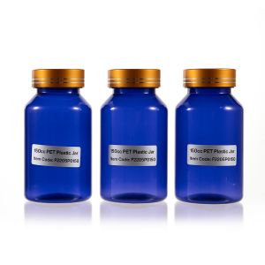 150cc Blue PET Plastic Packer Bottle (F2205P0150) with Electroplated Gold Plastic Cap (Hot Stamped Double Lines on the Side)