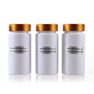150cc Opaque White PET Plastic Packer Bottle (F2206P0150) with Electroplated Gold Plastic Cap (Hot Stamped Double Lines on the Side)