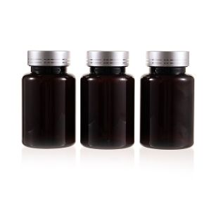 120cc Amber PET Plastic Packer Bottle (F3001P0120) with Electroplated Silver Plastic Cap (Hot Stamped Double Lines on the Side)