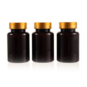 120cc Amber PET Plastic Packer Bottle (F3001P0120) with Electroplated Gold Plastic Cap (Hot Stamped Double Lines on the Side)