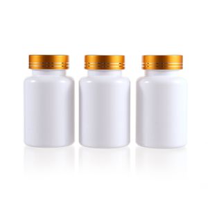 120cc White PET Plastic Packer Bottle (F3001P0120) with Electroplated Gold Plastic Cap (Hot Stamped Double Lines on the Side)
