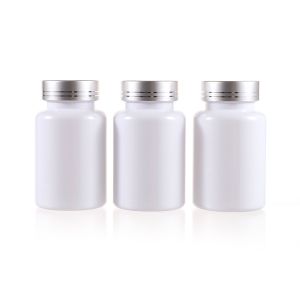 120cc White PET Plastic Packer Bottle (F3001P0120) with Electroplated Silver Plastic Cap (Hot Stamped Double Lines on the Side)