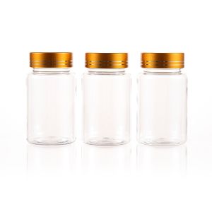 100cc Clear PET Plastic Packer Bottle (F3002P0100) with Electroplated Gold Plastic Cap (Hot Stamped Double Lines on the Side)