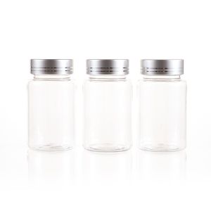 100cc Clear PET Plastic Packer Bottle (F3002P0100) with Electroplated Silver Plastic Cap (Hot Stamped Double Lines on the Side)